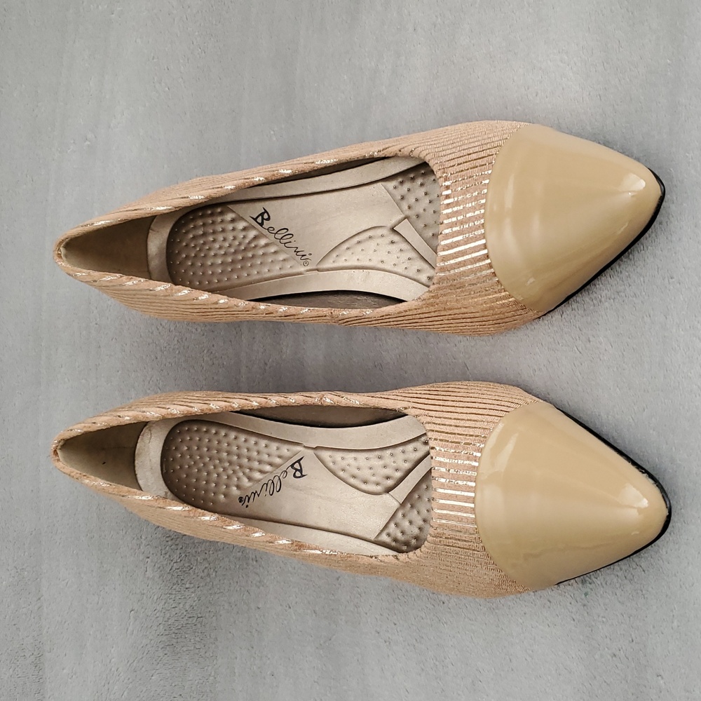 ๐๏ธ BELLINI Zesty Cord Tan Faux Leather Corduroy Gold Striped Pumps SIZE: 10W - Picture 3 of 14